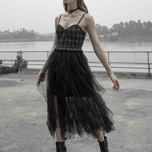 PunkRave Retro Goth Irregular Multilayer Mesh Slip